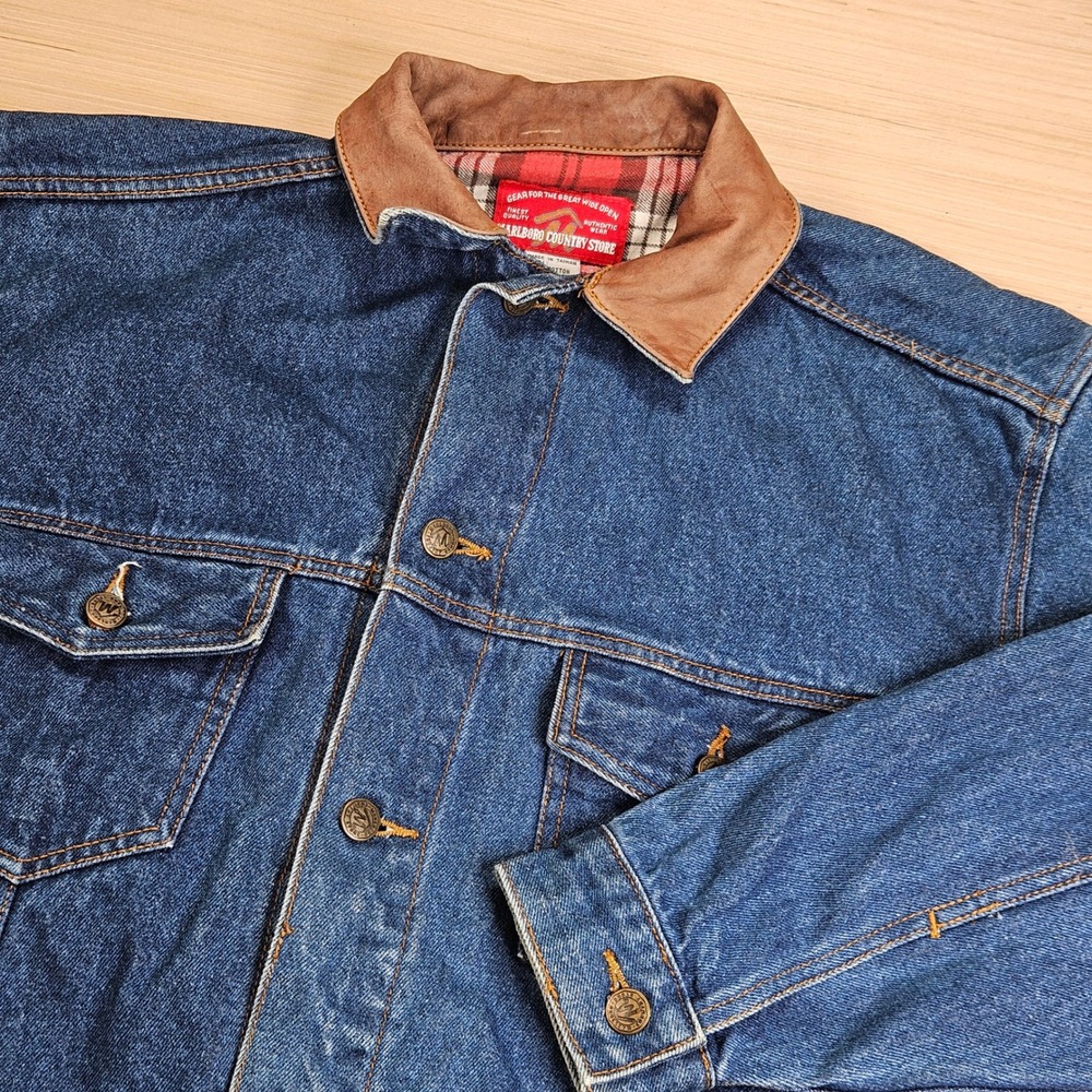Marlboro Country Store Denim Jacket Men S Blue Flannel Lined Leather Collar